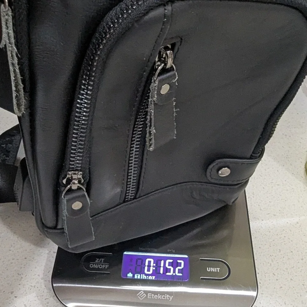 Bullcaptain Sling Bag Black Leather USB Charging Port Chest Pack Small